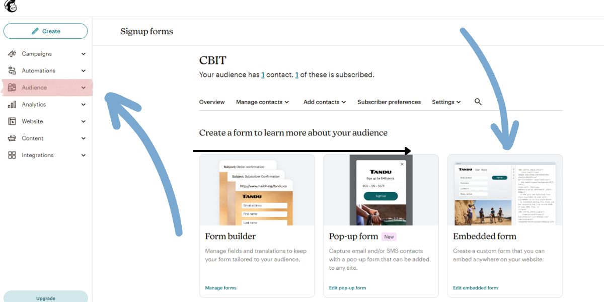 Manage your subscribers and create custom lists. on your websites Mailchimp Embedded Signup Form.